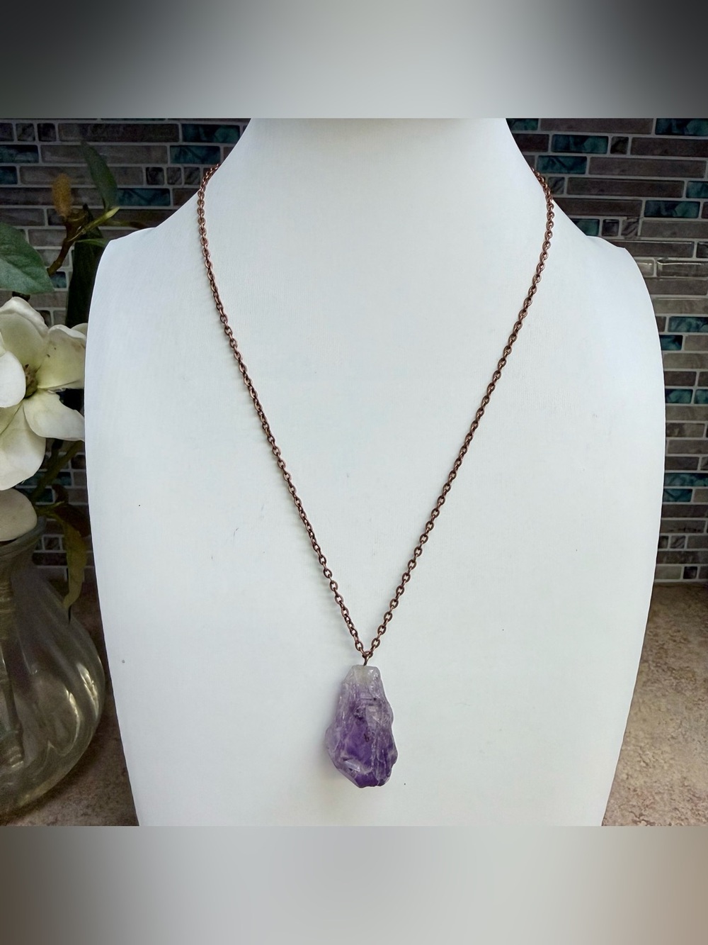 Raw Amethyst Crystal Pendant Necklace Boho Copper Chain Healing Natural Stone